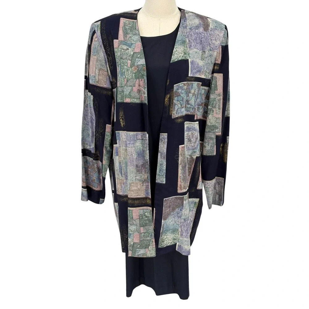 K.C. Spencer Vintage 2-Piece Dress Set Navy Abstract Gold 100% Rayon Size 12